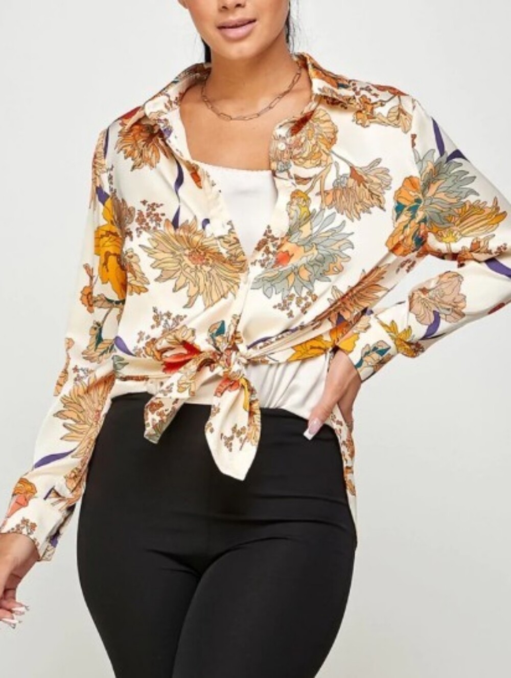 Women’s Floral Button-Up Blouse in White with Orange & Coral Accents